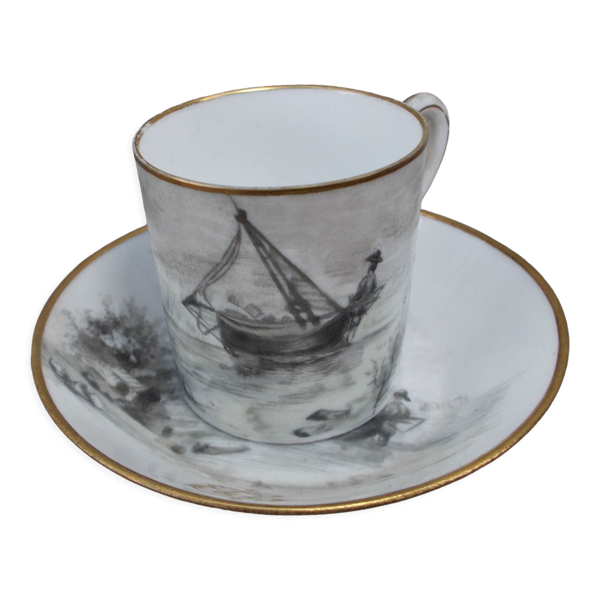 Tasse et sous tasse décor en grisaille porcelaine de Paris XIXème signée
