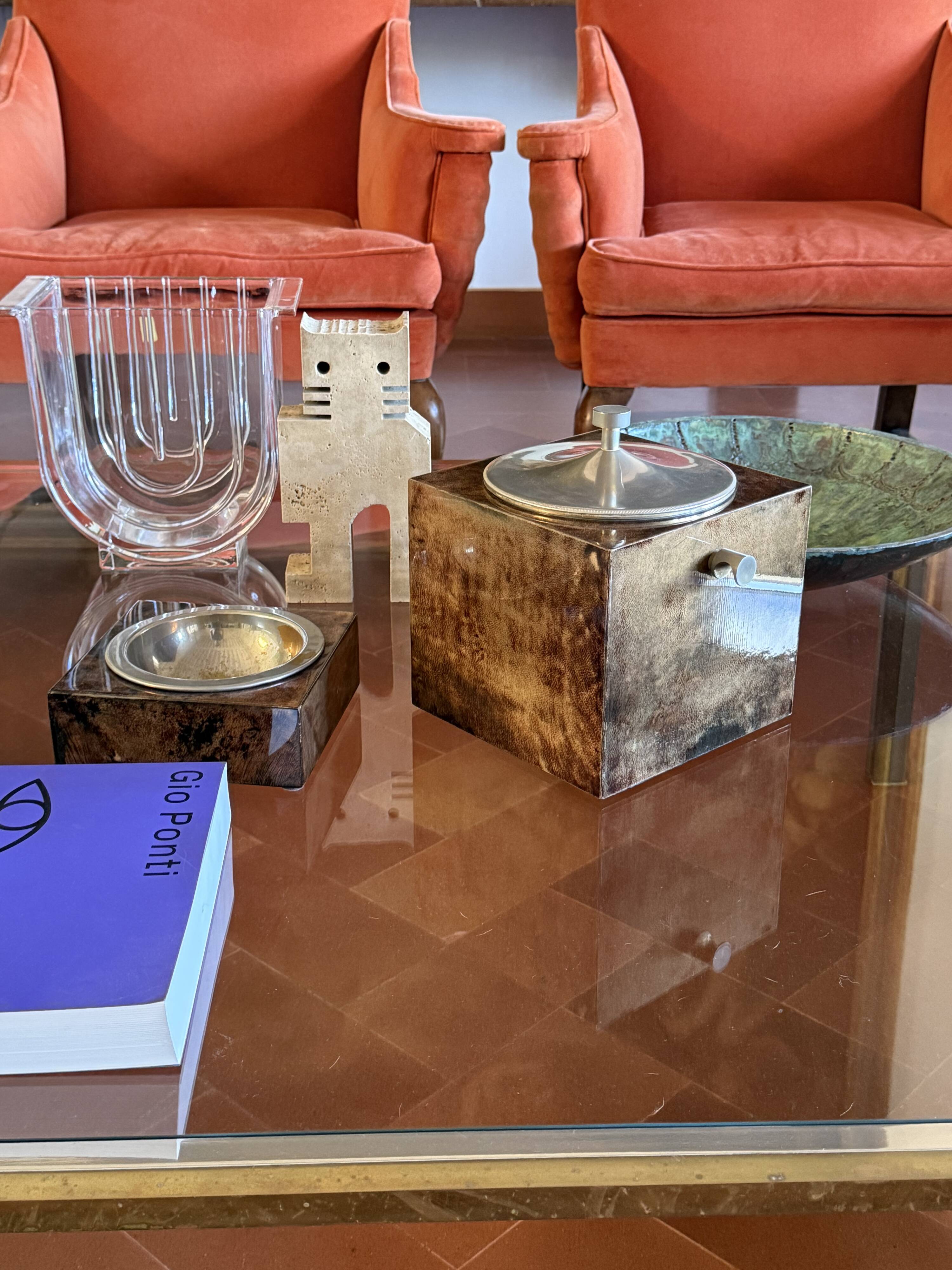 Mid-century brown parchment ice bucket, Aldo Tura Italy 1950s