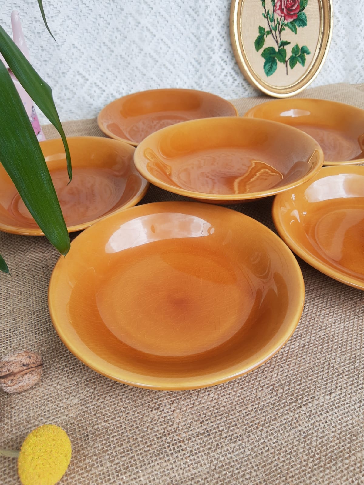 Set of 6 hollow plates Longchamp France mustard - vintage