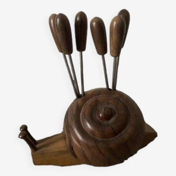 Olive wood snail pick holder with 6 forks