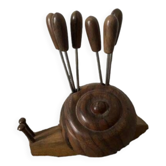 Olive wood snail pick holder with 6 forks