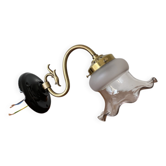 Swan neck wall light in brass with glass tulip.