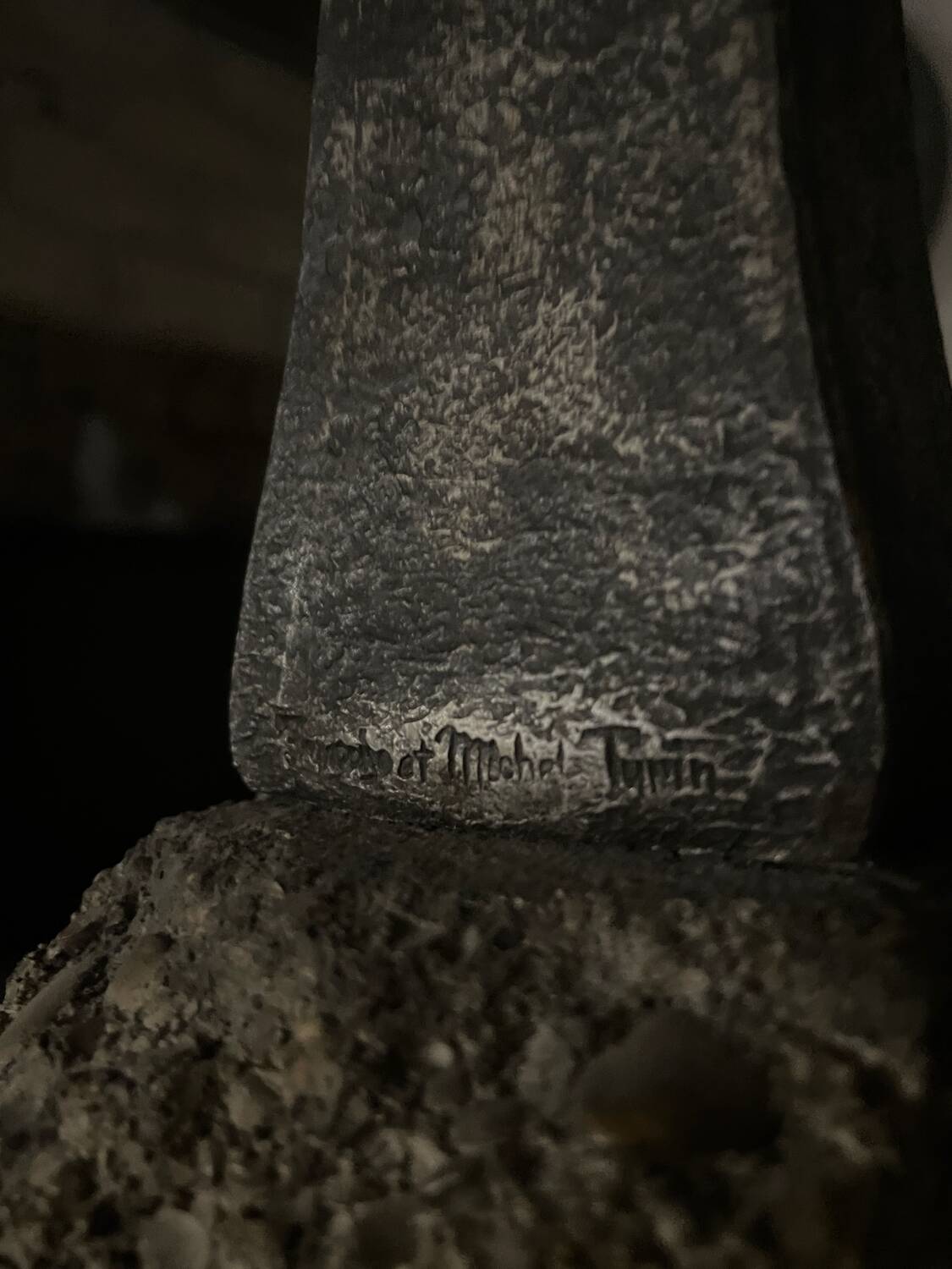 Signed hammered metal and copper sculpture