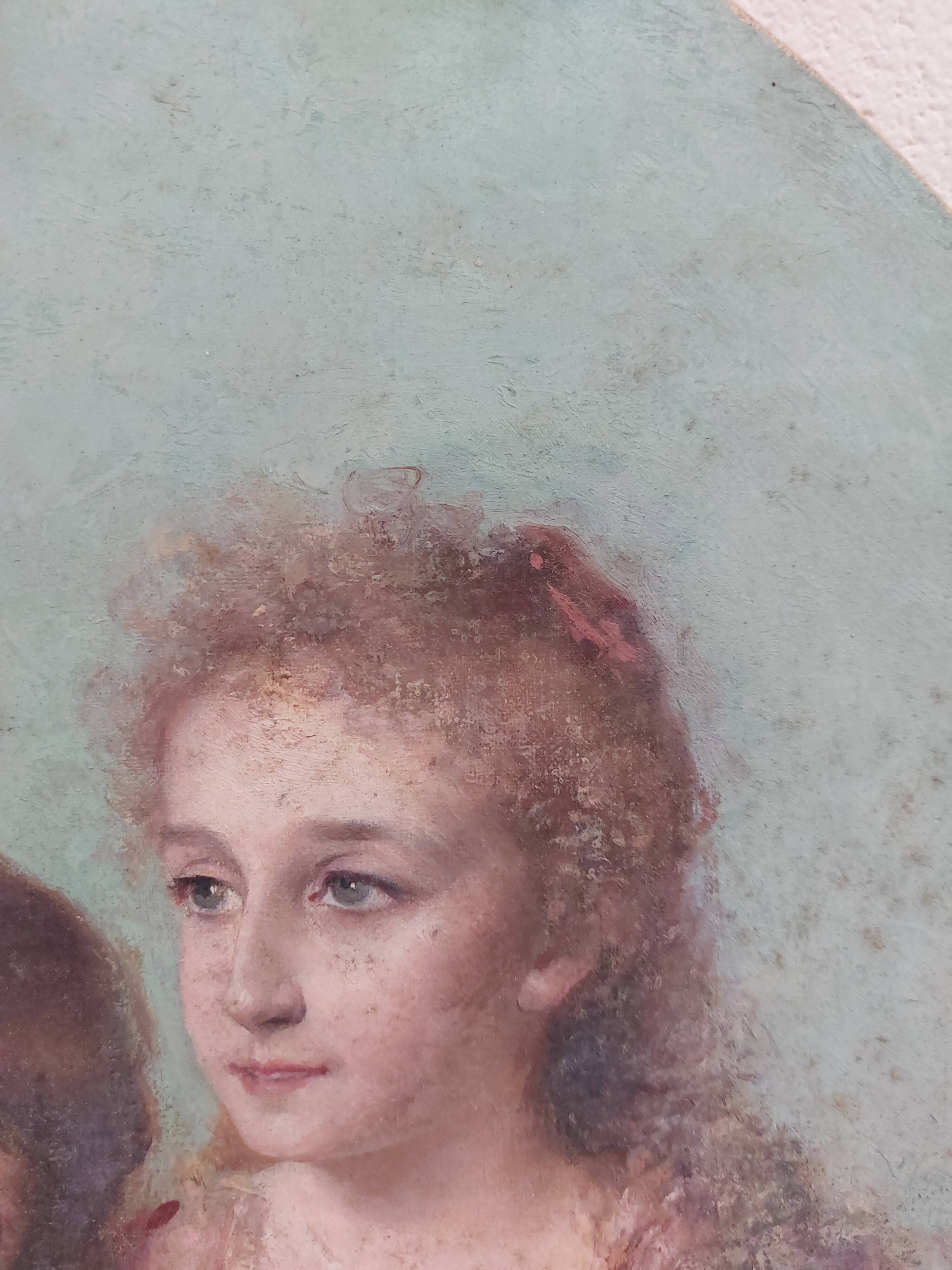 Portrait painting to young girls oil on canvas 19th