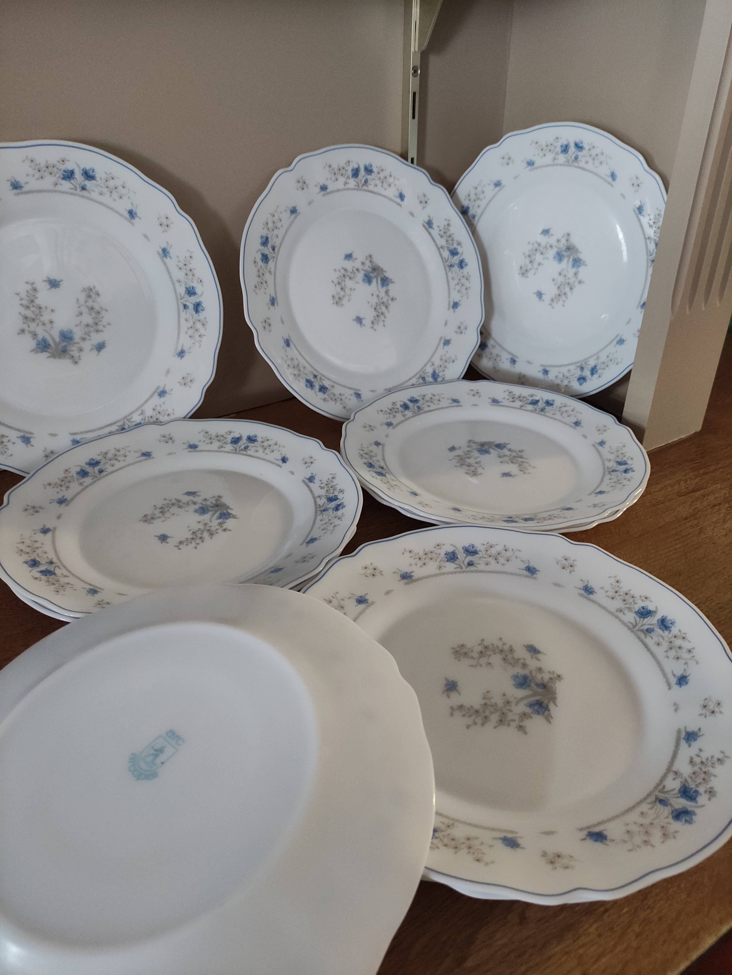 Series 10 flat plates Arcopal, white opaline with blue flowers