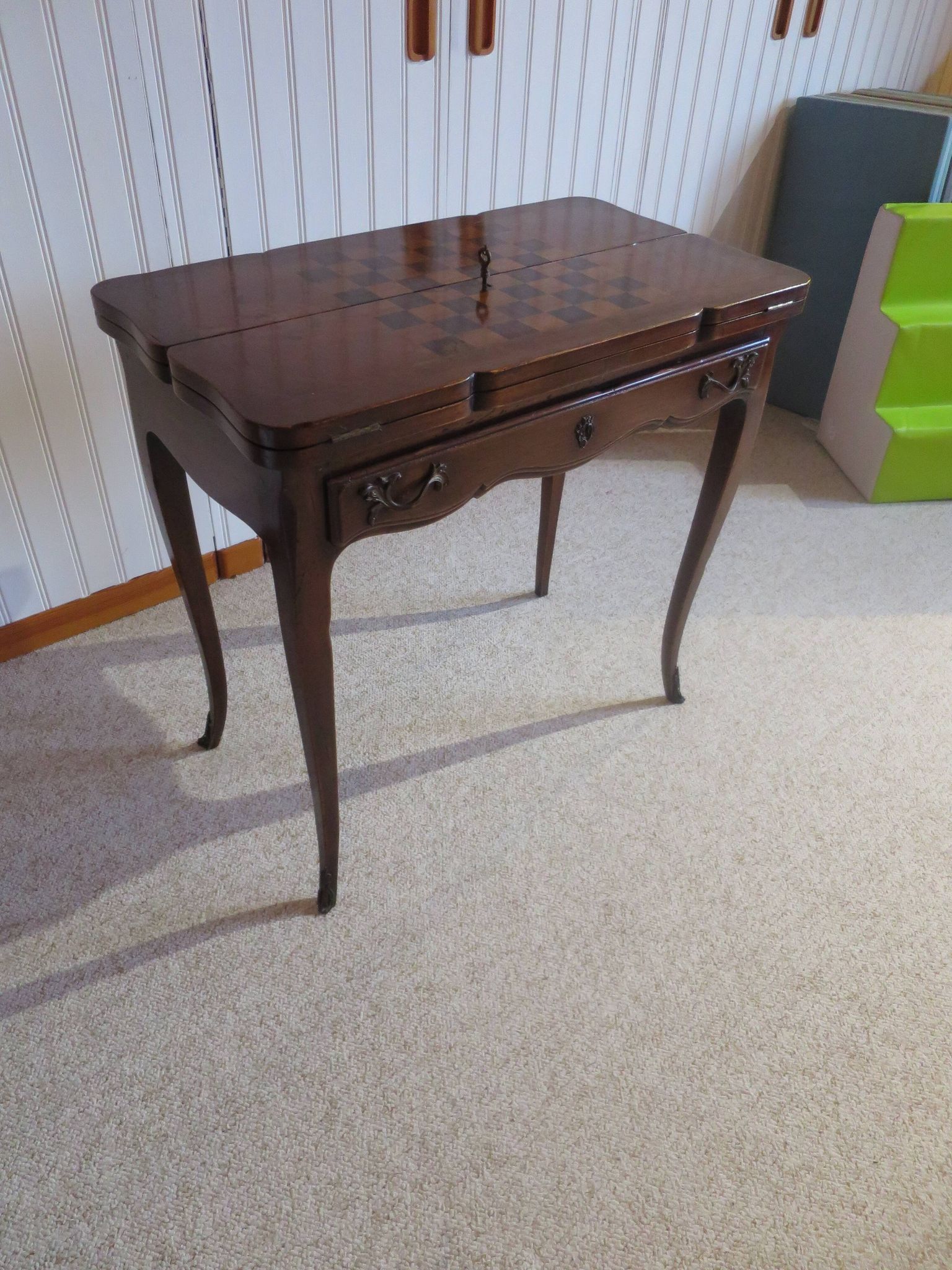 Secretary with mechanism - 4 secret drawers - lock - marquetry chessboard - 1950