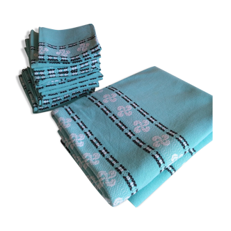 Nappe and 12 water green cotton towels, Basque handicrafts