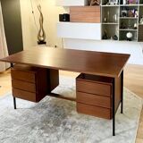 Vintage modernist desk in wood and black with 6 drawers