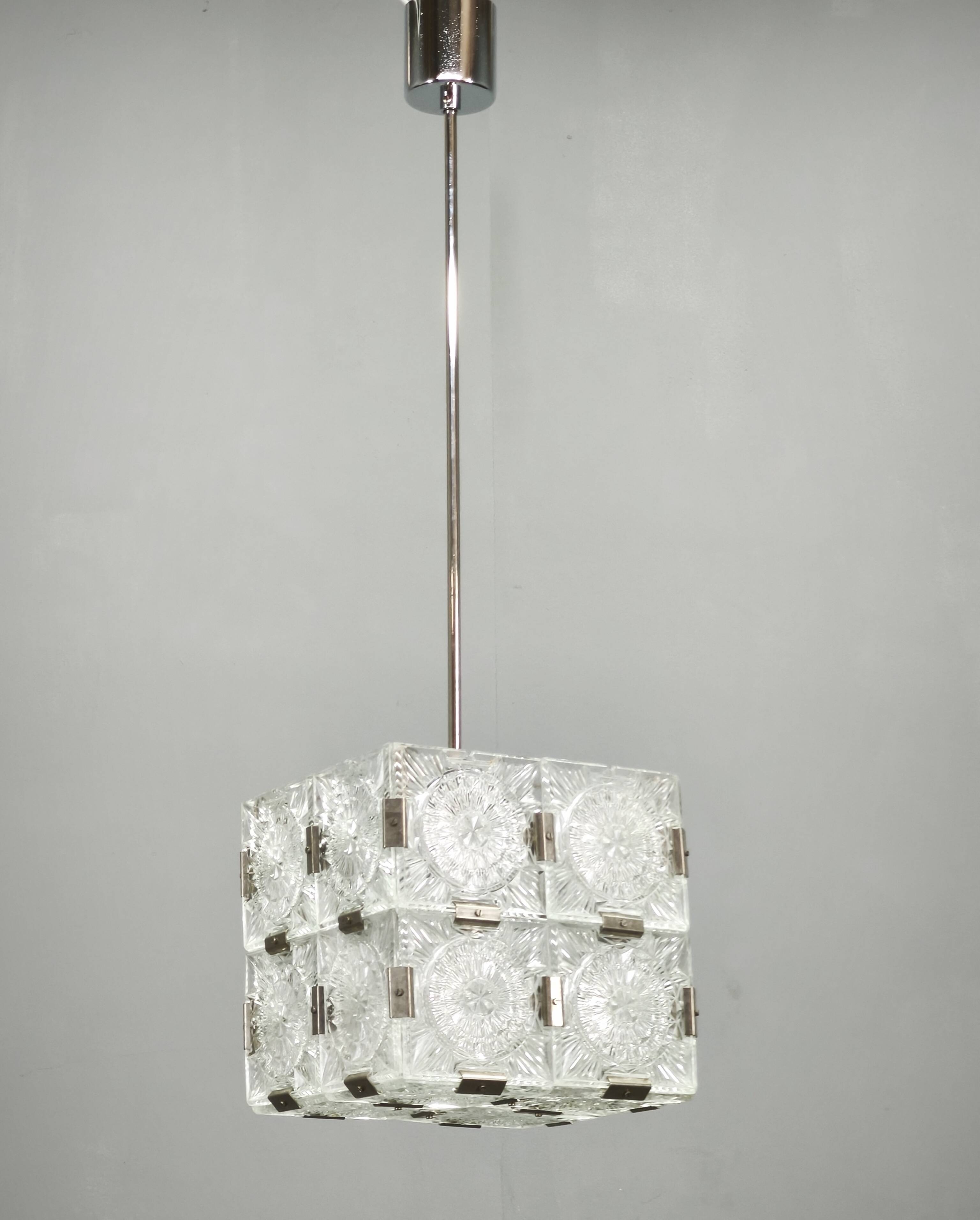 1970s Czech Geometric Pressed Glass and Chrome Cube Pendant Light