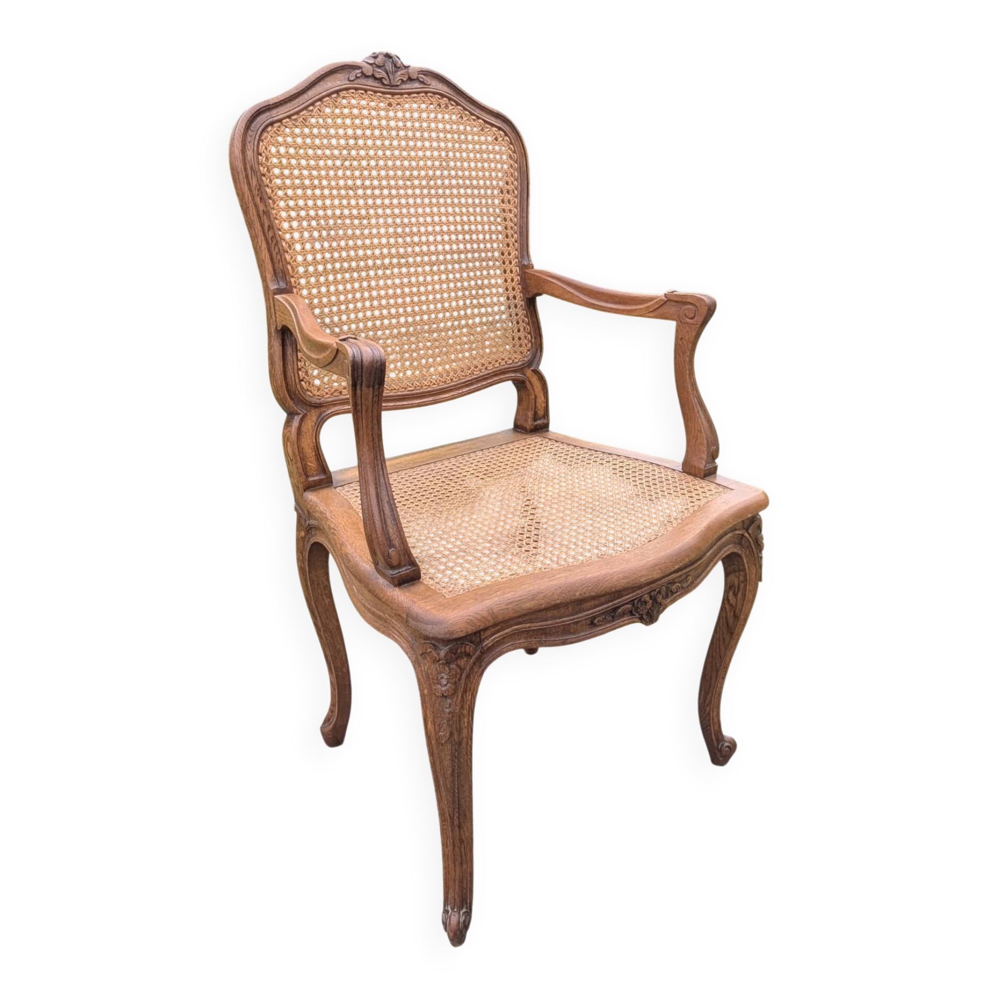 Antique Louis XV Style Armchair 20th Century Oak Caning Office Living Room