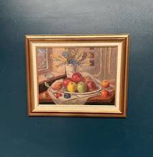 Original Swedish Oil on Canvas – 'Still Life with Vase and Fruits' by Christian Rhode – Signed – Vintage & Framed