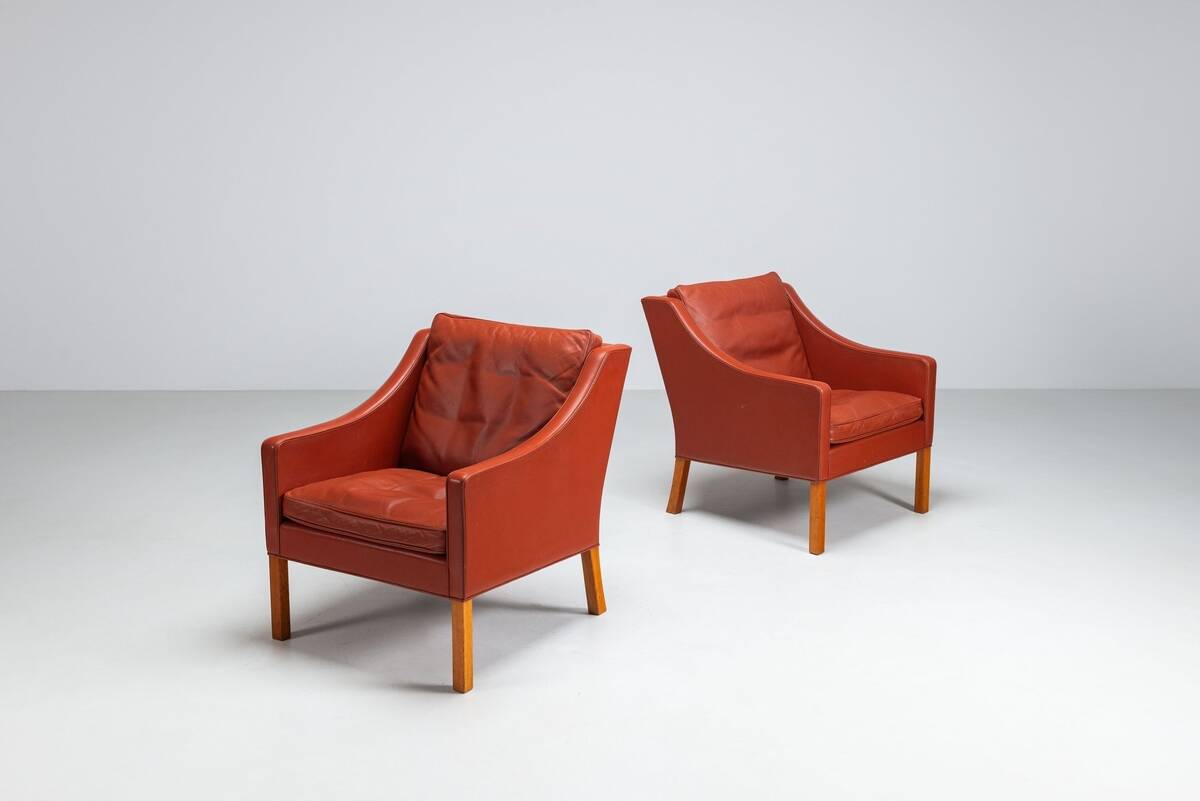 Borge Mogensen cognac leather lounge chairs Fredericia Stolefabrik Denmark 1963