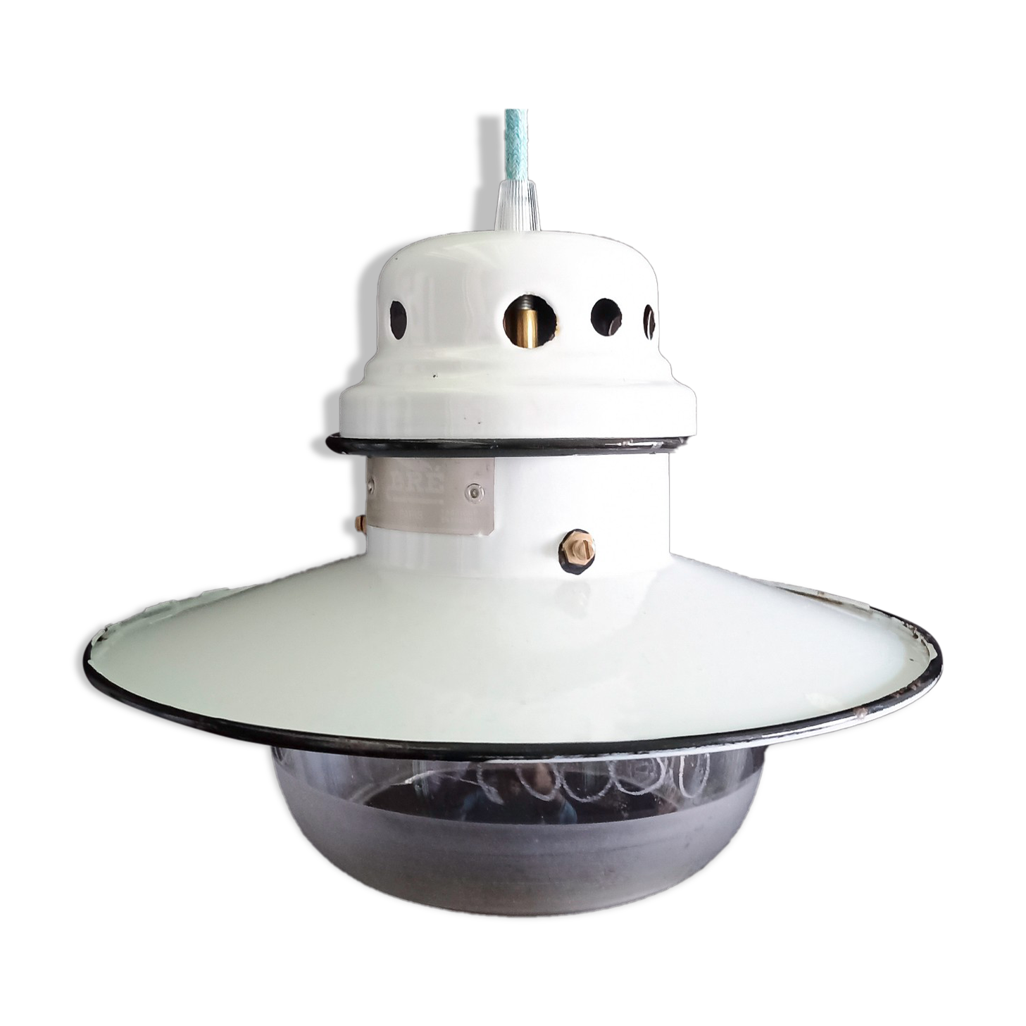 Old enamelled sheet metal suspension with glass cup