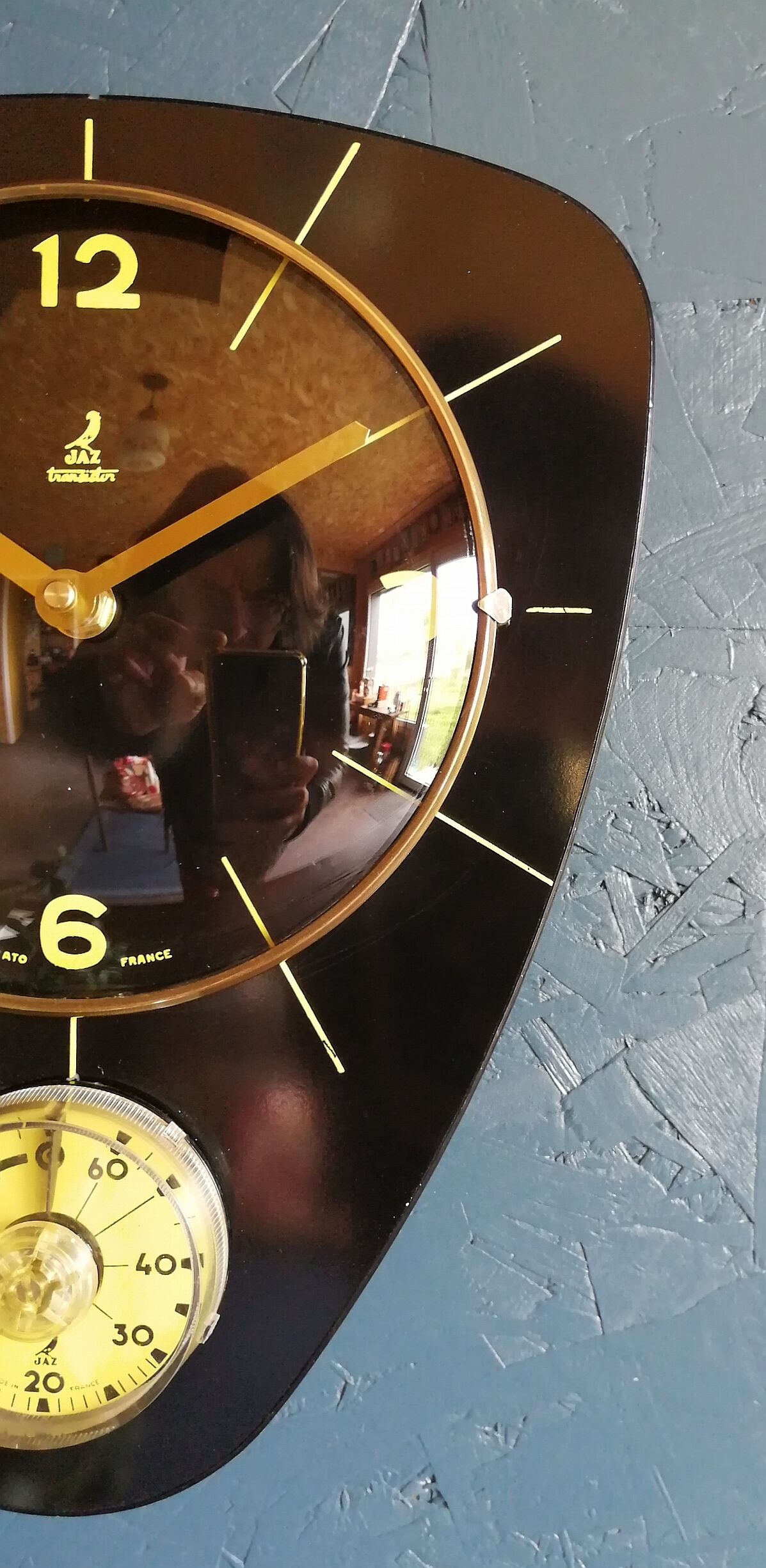 Clock formica vintage wall clock silent timer "Jaz transistor black yellow"