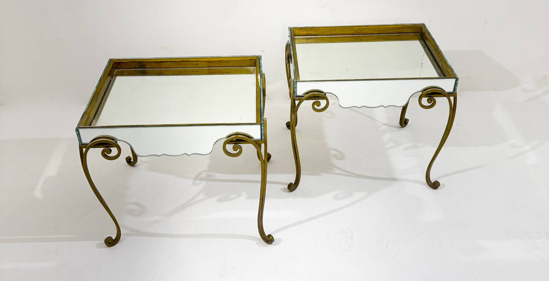 Pair of side tables, glass and brass, 1940s