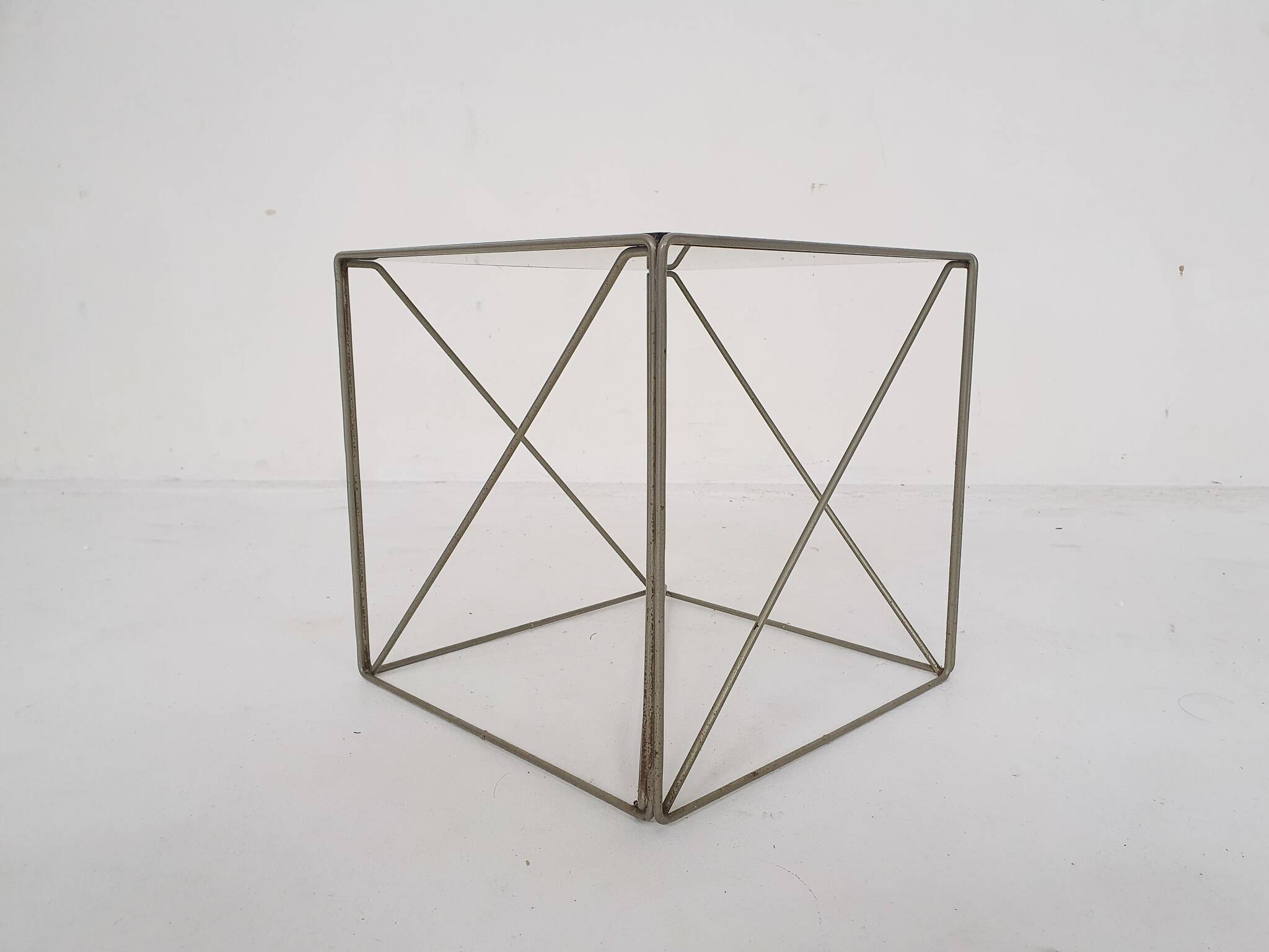 Rare metal and glass side table by Max Sauze, Isocele, France 1960's