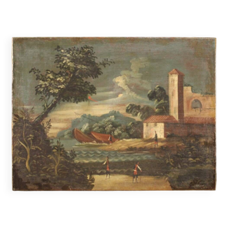 Tableau italien antique de paysage marin huile sur toile du 18ème siècle