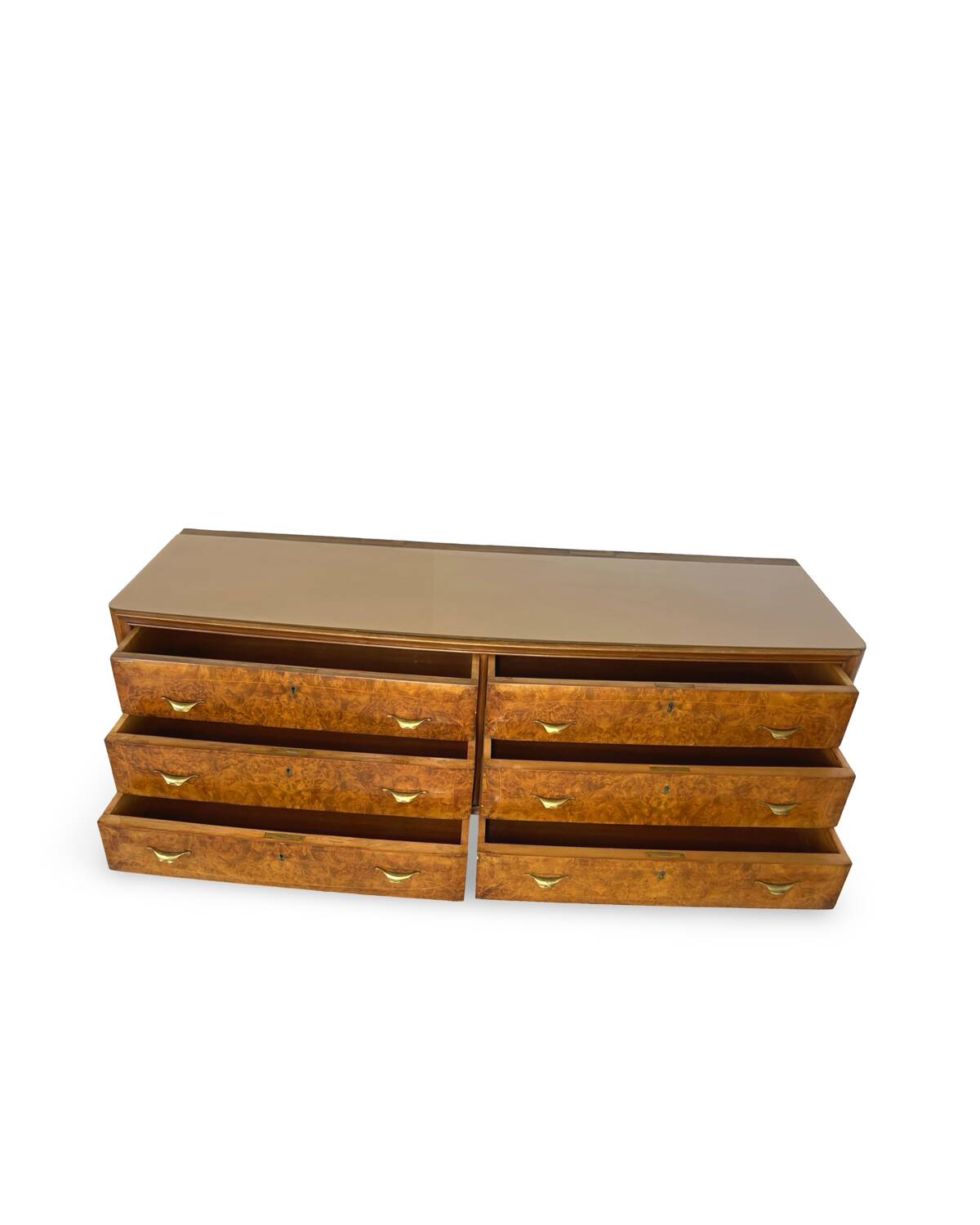 Veneered burl walnut chest of drawers with light warm brown glass top