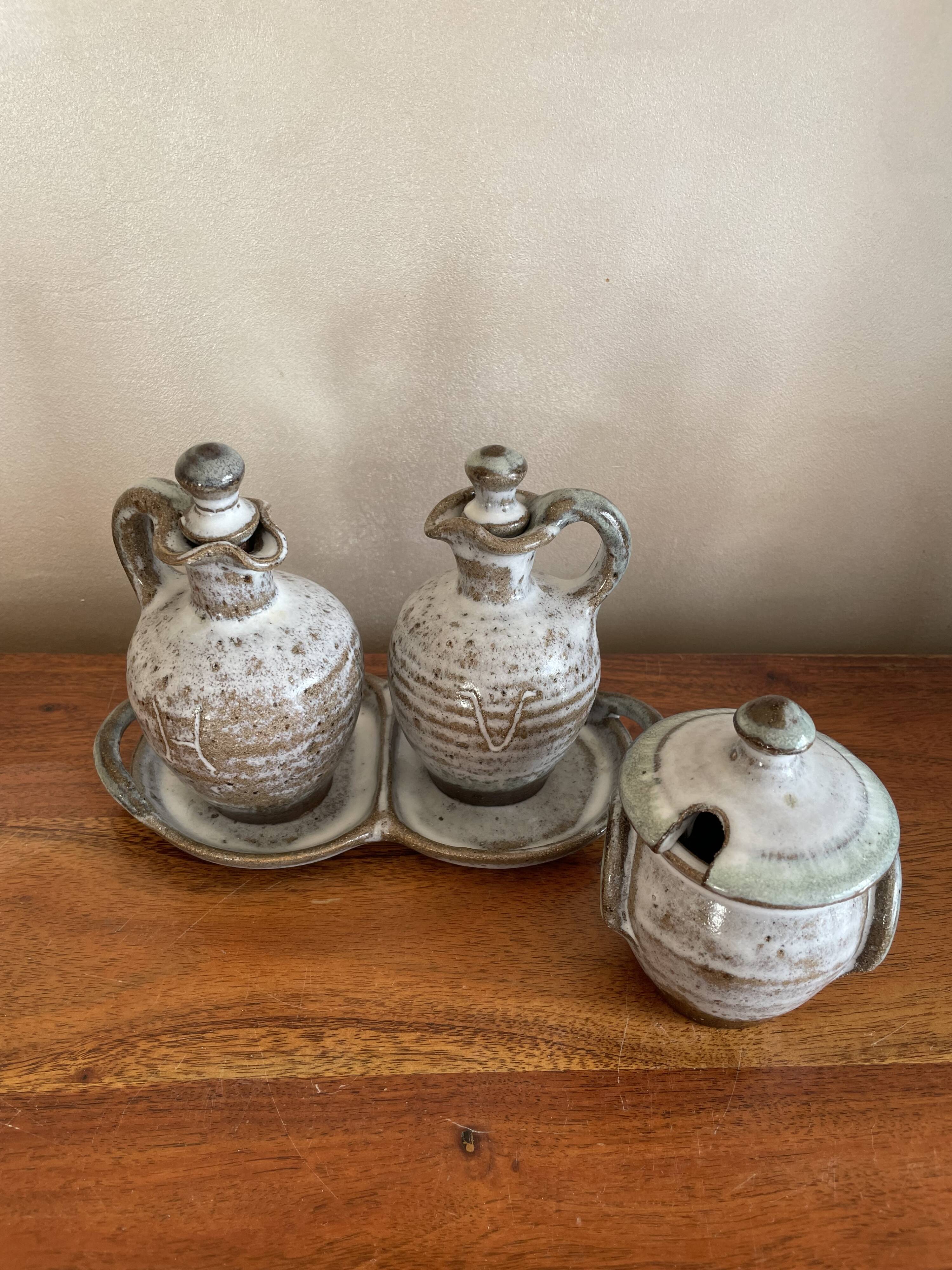 Salt, pepper, and mustard set in stoneware