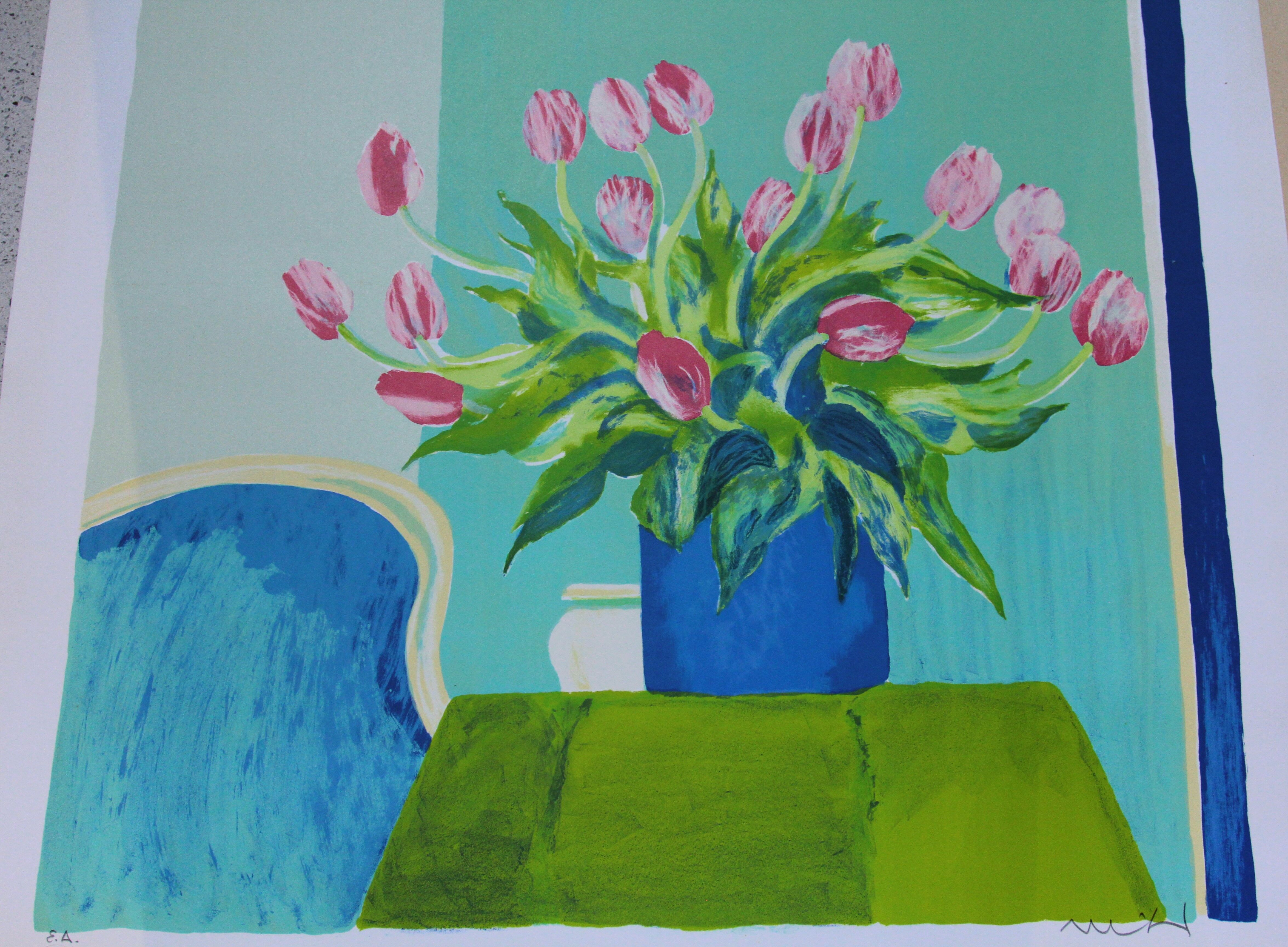 Bouquet of tulips, lithograph signed by Roger Mühl, printed by Mourlot, c. 1980-1990
