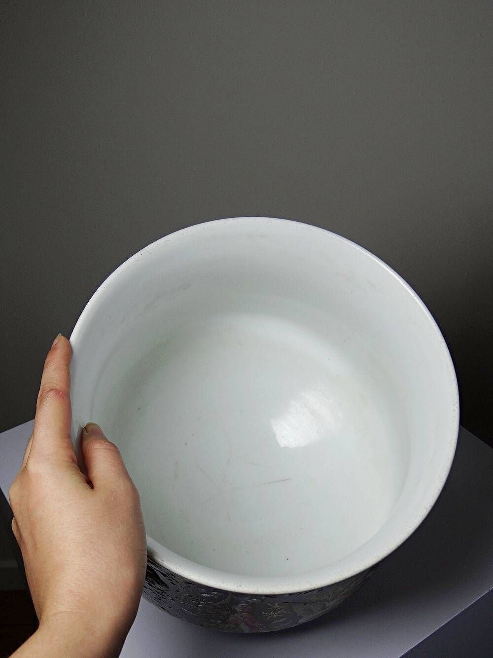 Large antique cache-pot in glazed porcelain, rockwork decoration with a bird, 19th century.