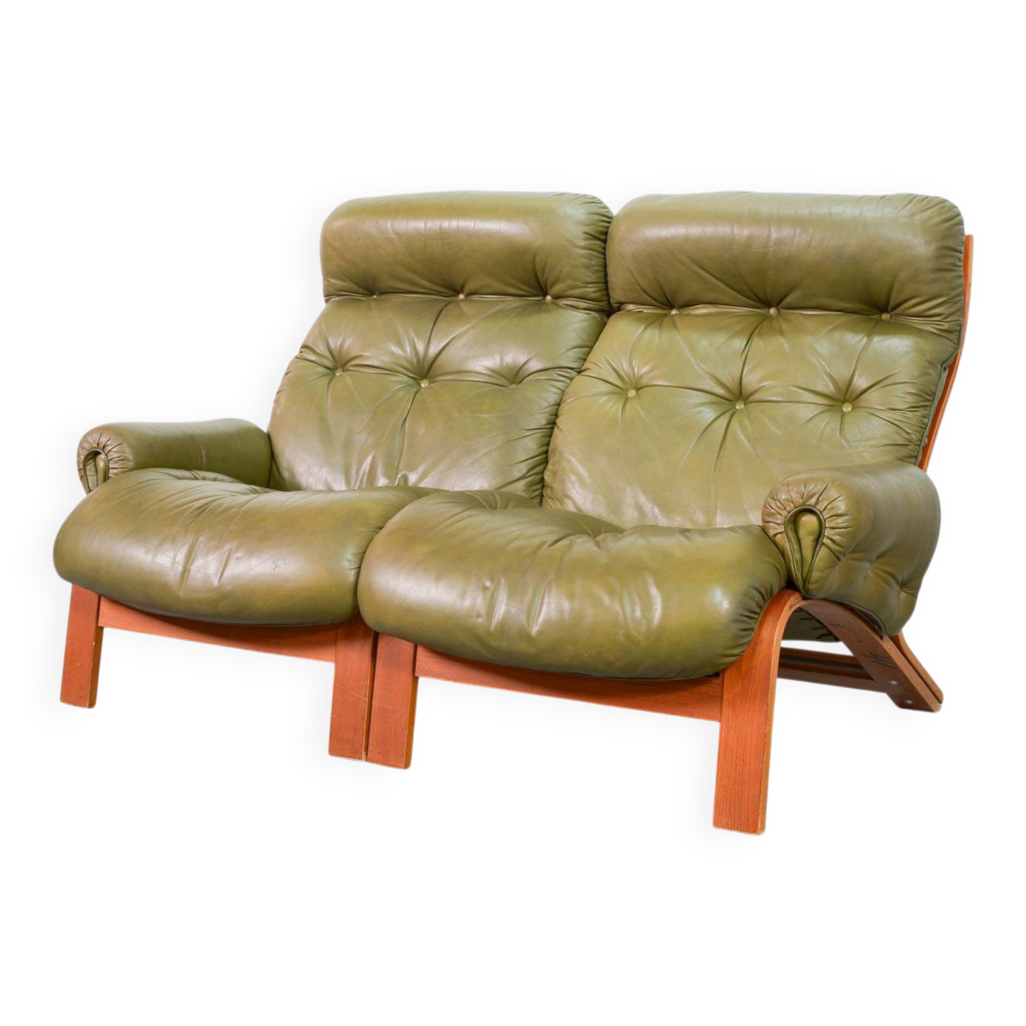 Scandinavian Rybo Rykken Olivegreen Leather 2-Seat Ry-Wing Lounge Sofa, 60s