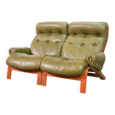 Canapé scandinave Rybo Rykken 2 places en cuir vert olive, années 60