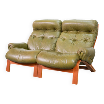 Scandinavian Rybo Rykken Olivegreen Leather 2-Seat Ry-Wing Lounge Sofa, 60s