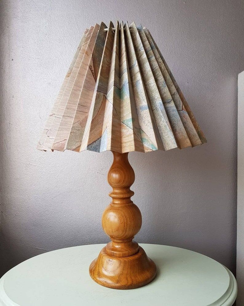 Vintage wooden lamp with pleated fabric lampshade 1980