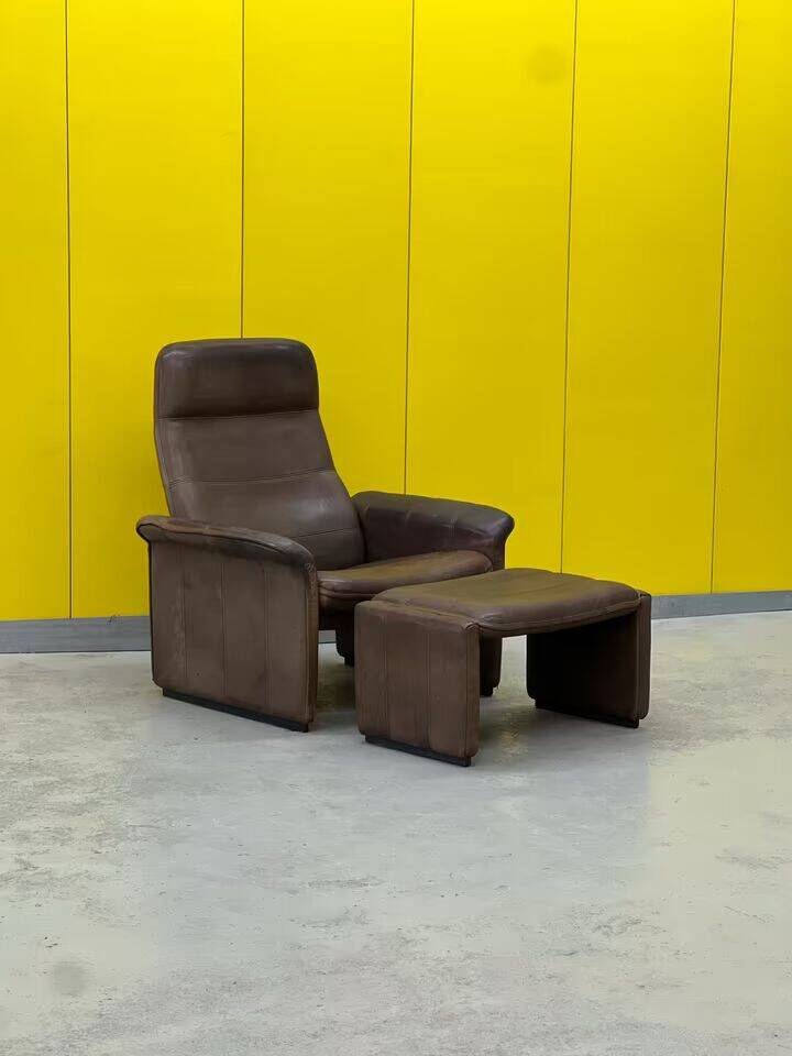 Vintage brown leather ds 50 by de sede, 1960s-1970s + stool