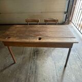 Double wooden desk and brown metal legs