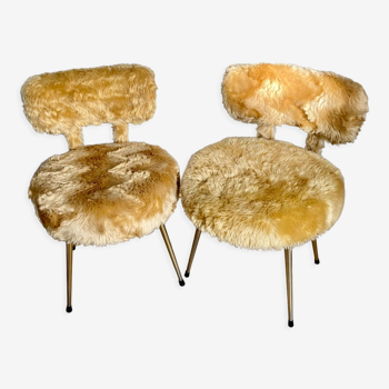 2 chaises Pelfran chaises moumoute pieds compas dorés, vintage des années 60.
