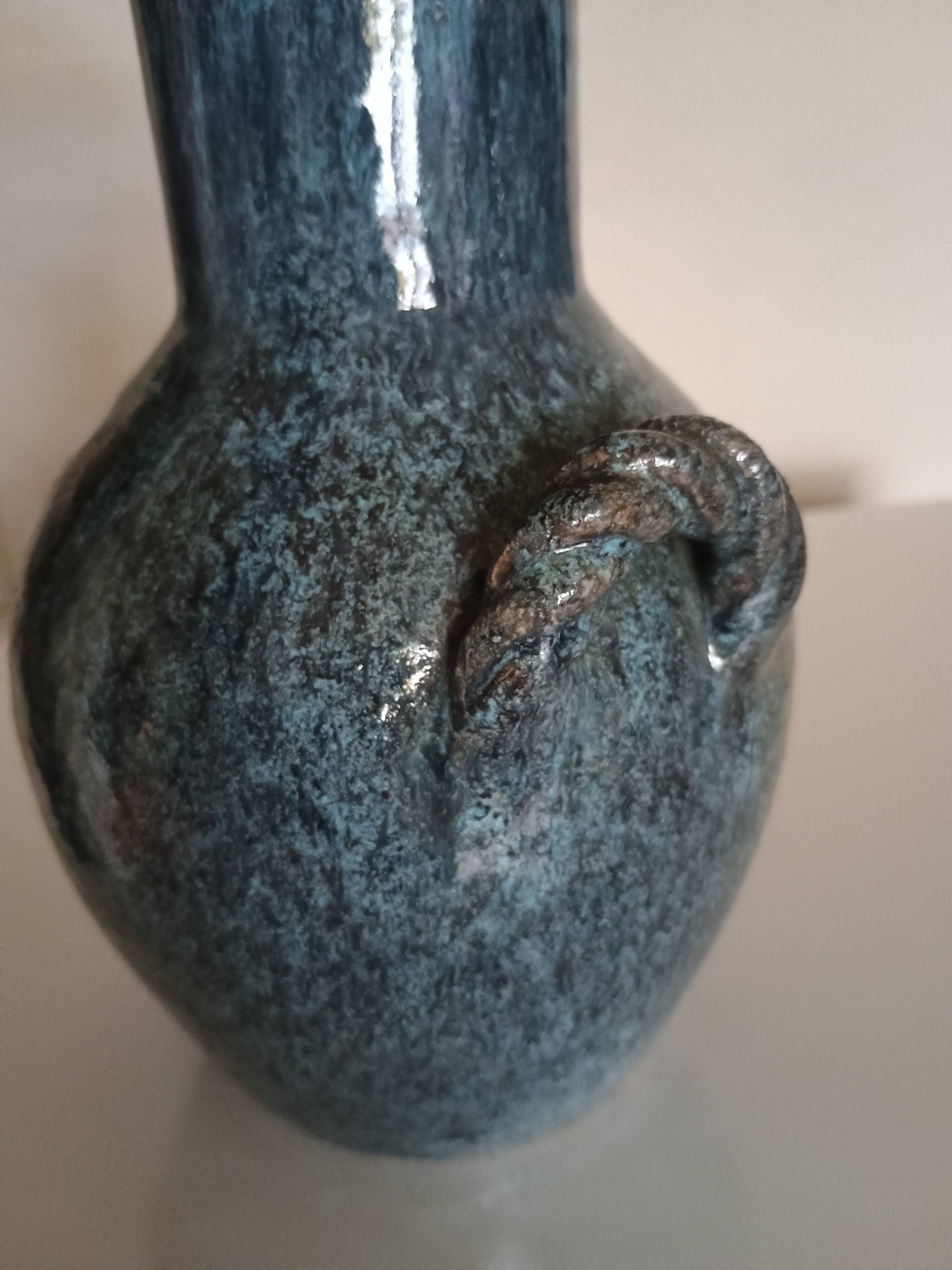 Accolay pottery Yonne - Double handle woven vase - Blue-grey glazed stoneware