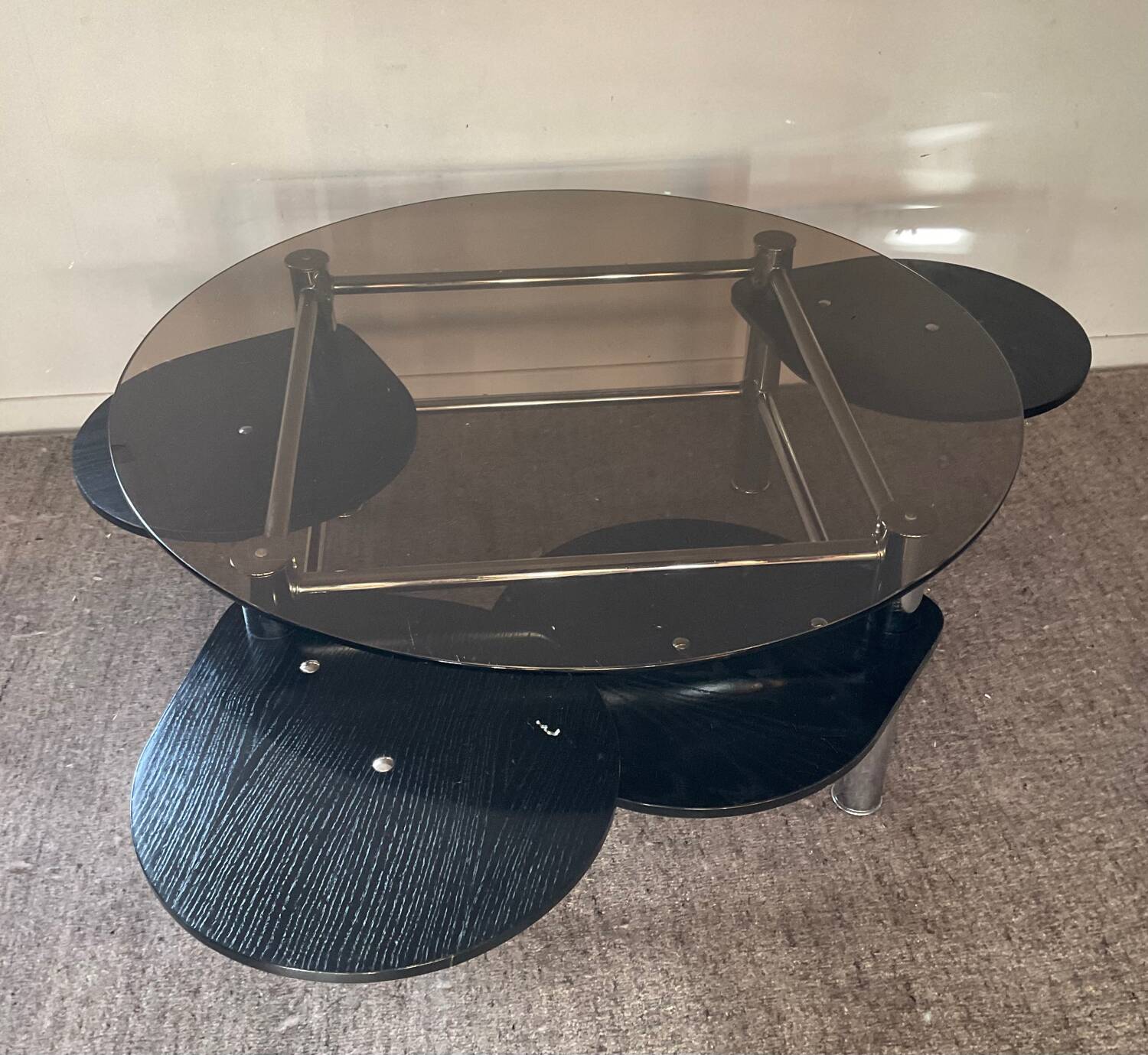 Vintage 1980s coffee table in smoked glass and chrome metal