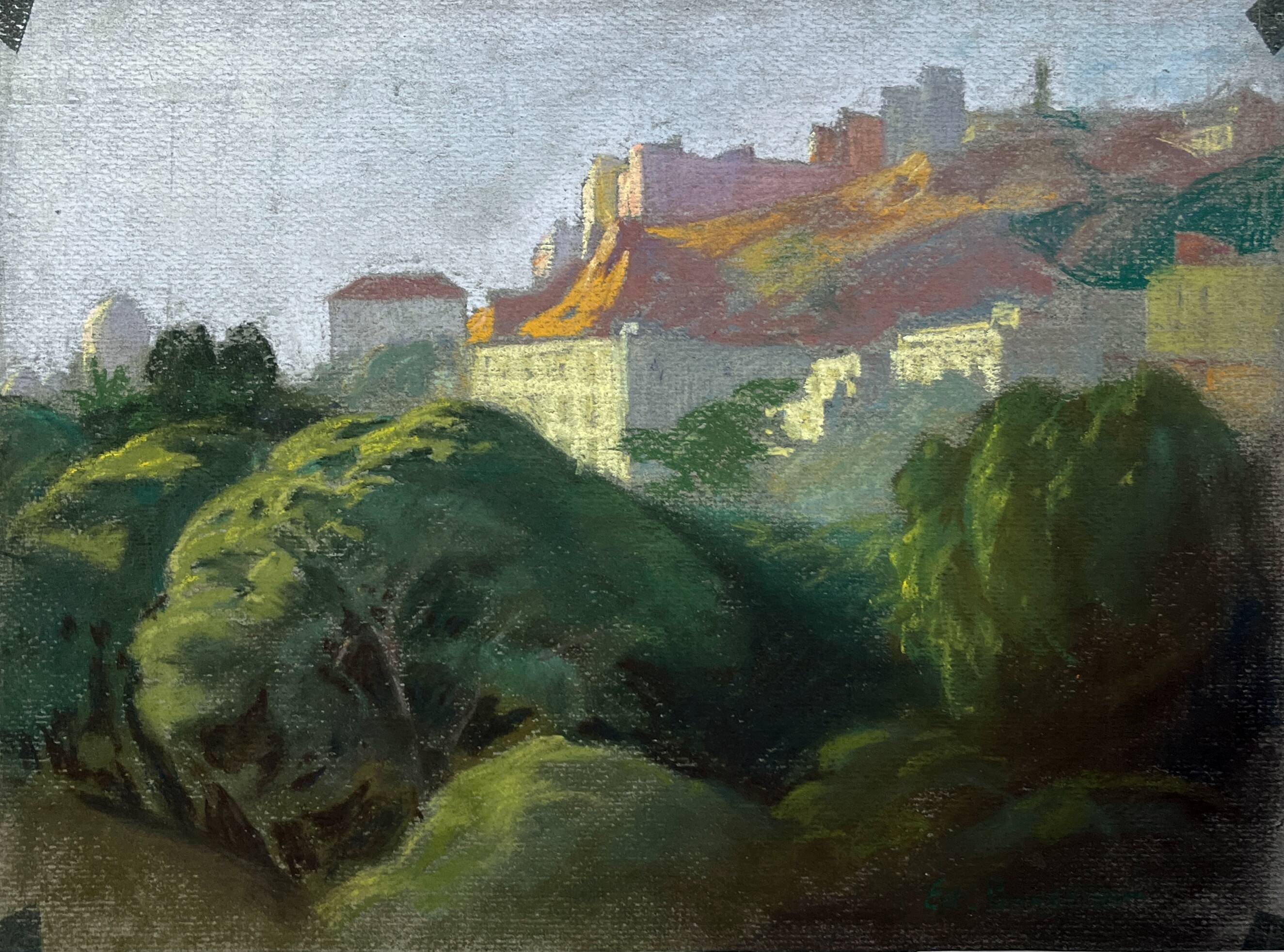 Tableau study Pastel Ed. Pannetier (1884-1965) City and castle