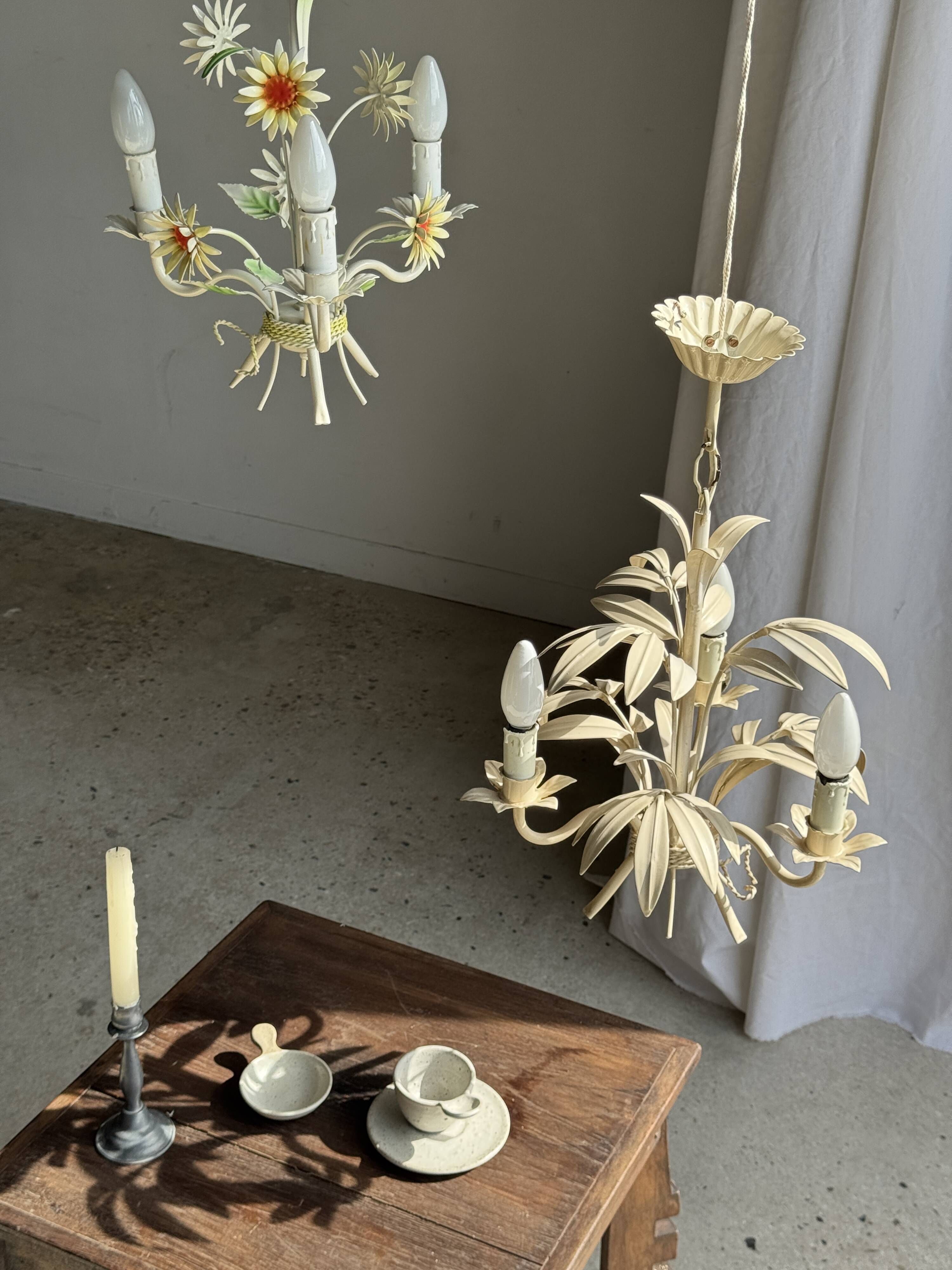 Small vintage cream metal flower chandelier with orange flowers and 3 arms.