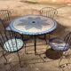 Mosaic garden furniture set in wrought iron, Mediterranean style, table and 4 chairs.