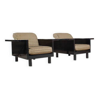 Pair of black lacquered wooden armchairs