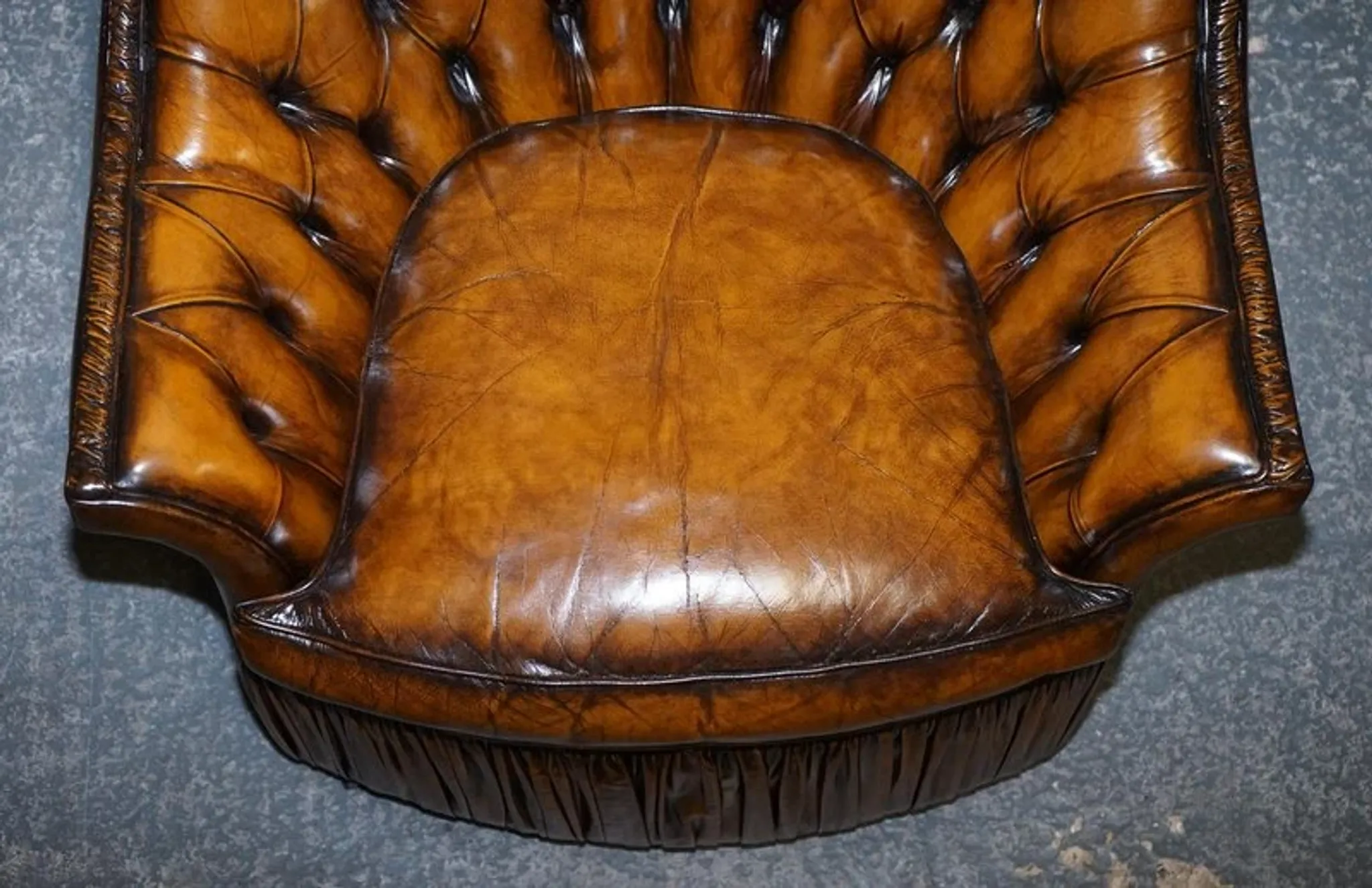 Brown Hand-Dyed Leather Chesterfield Armchairs with Pleated Front, Set of 2