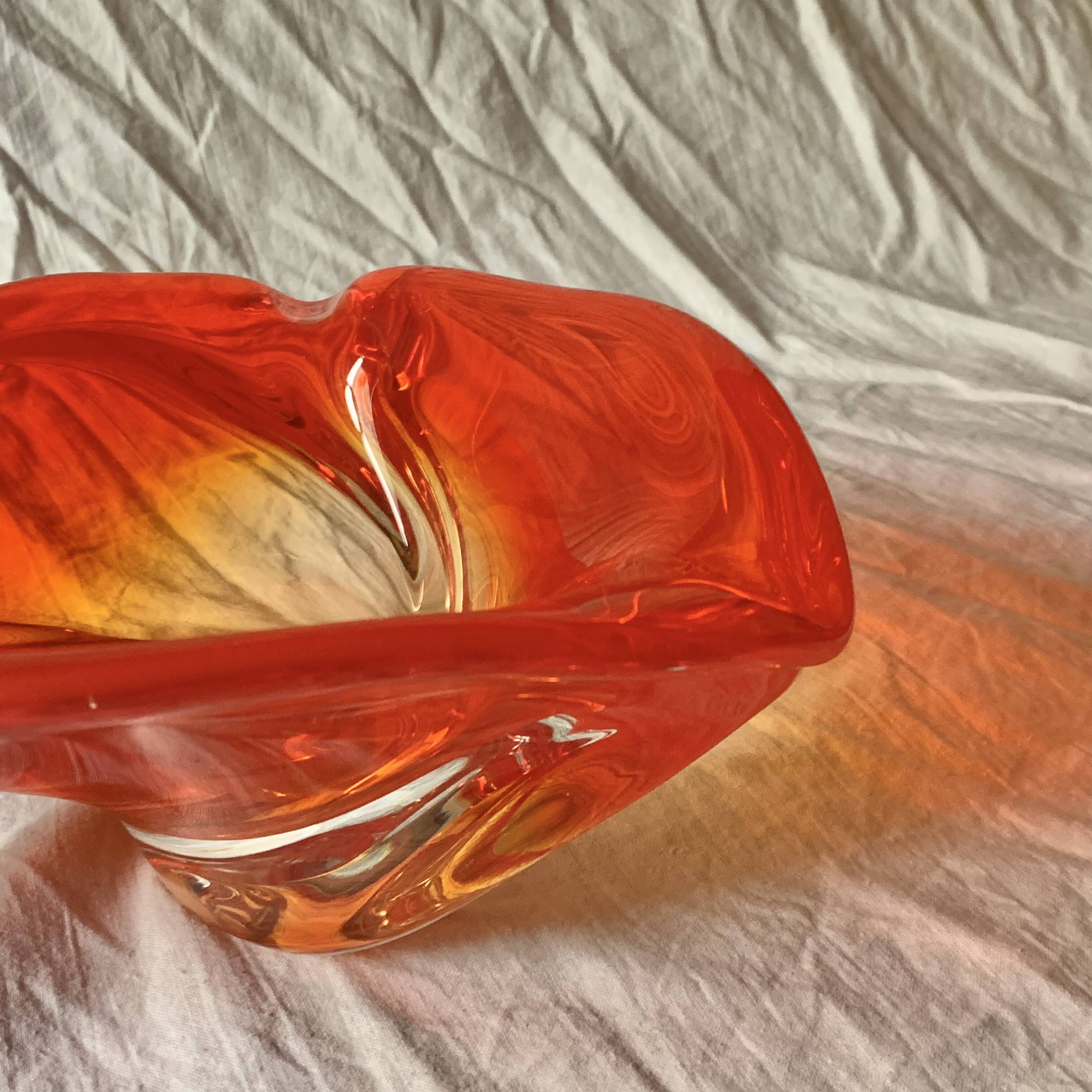 Large vintage orange blown glass ashtray