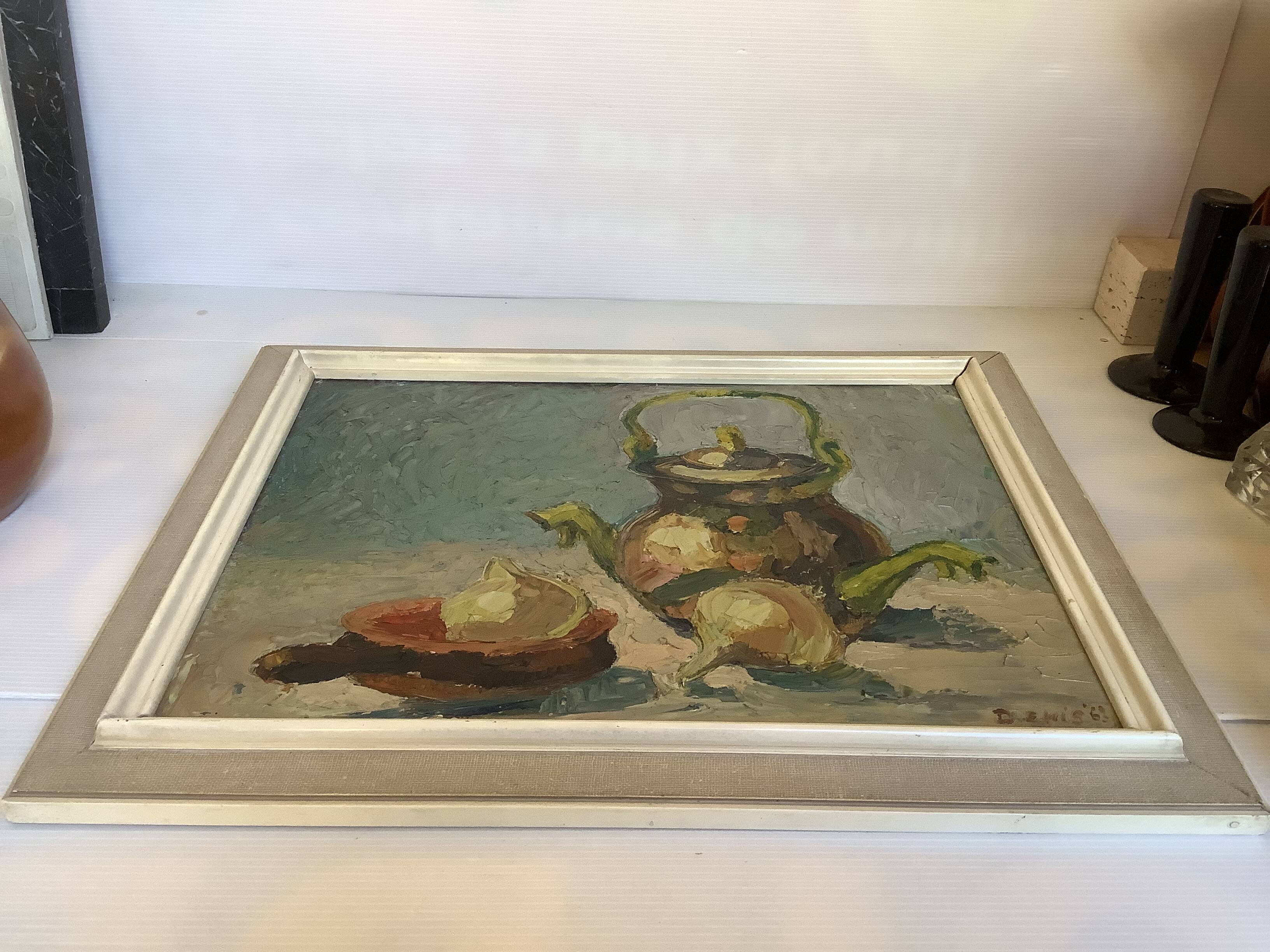 Still life with knife on cardboard signed