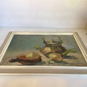 Tableau nature morte au couteau sur carton signé