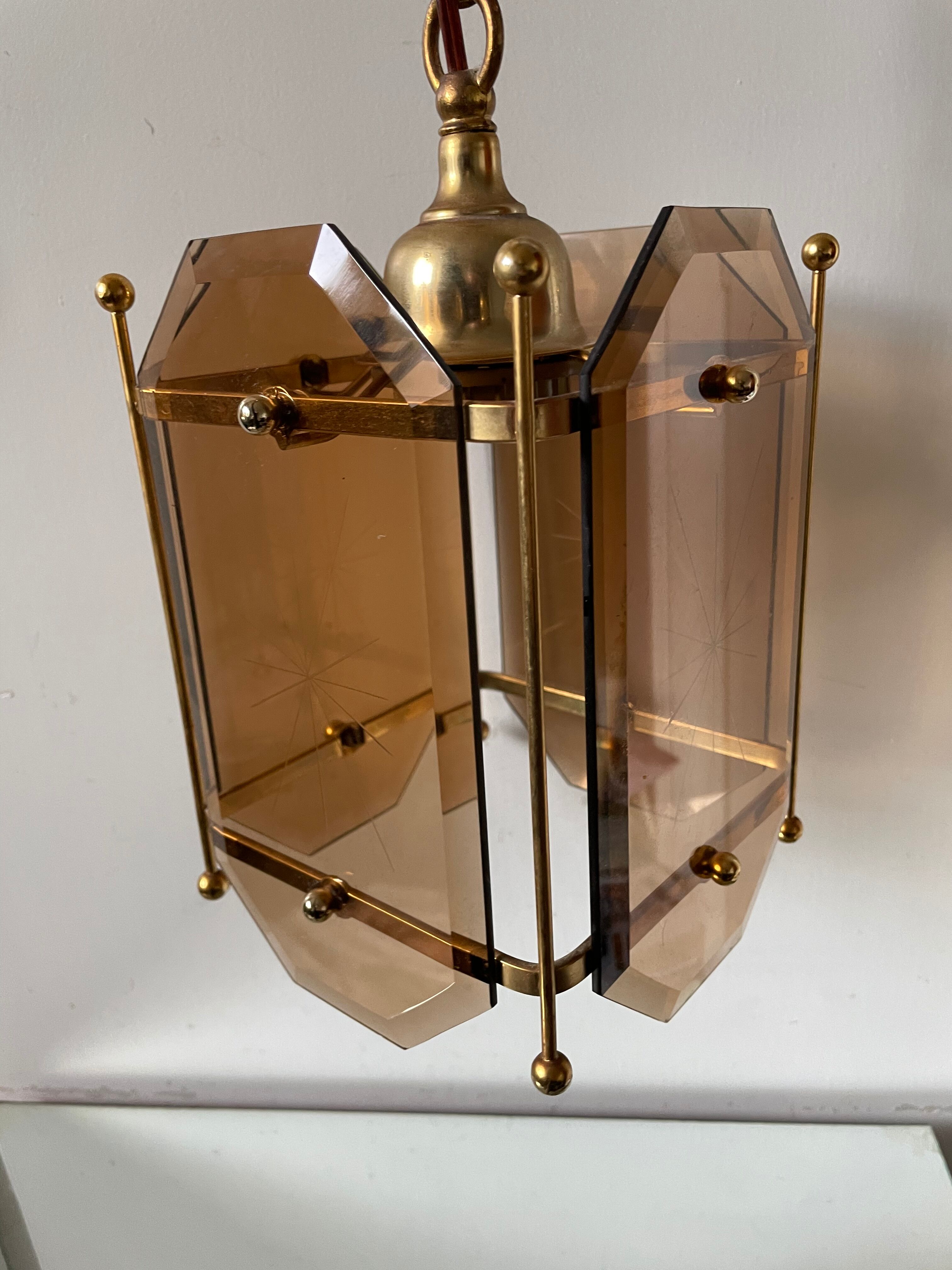 Scandinavian vintage lamp in brass & amber colored glass