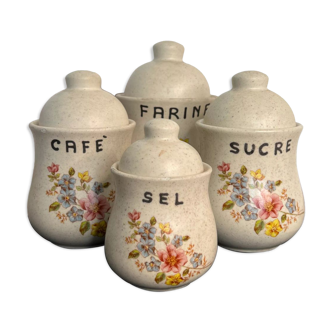 Ensemble de 4 pots à condiments vintage grès motif fleuri