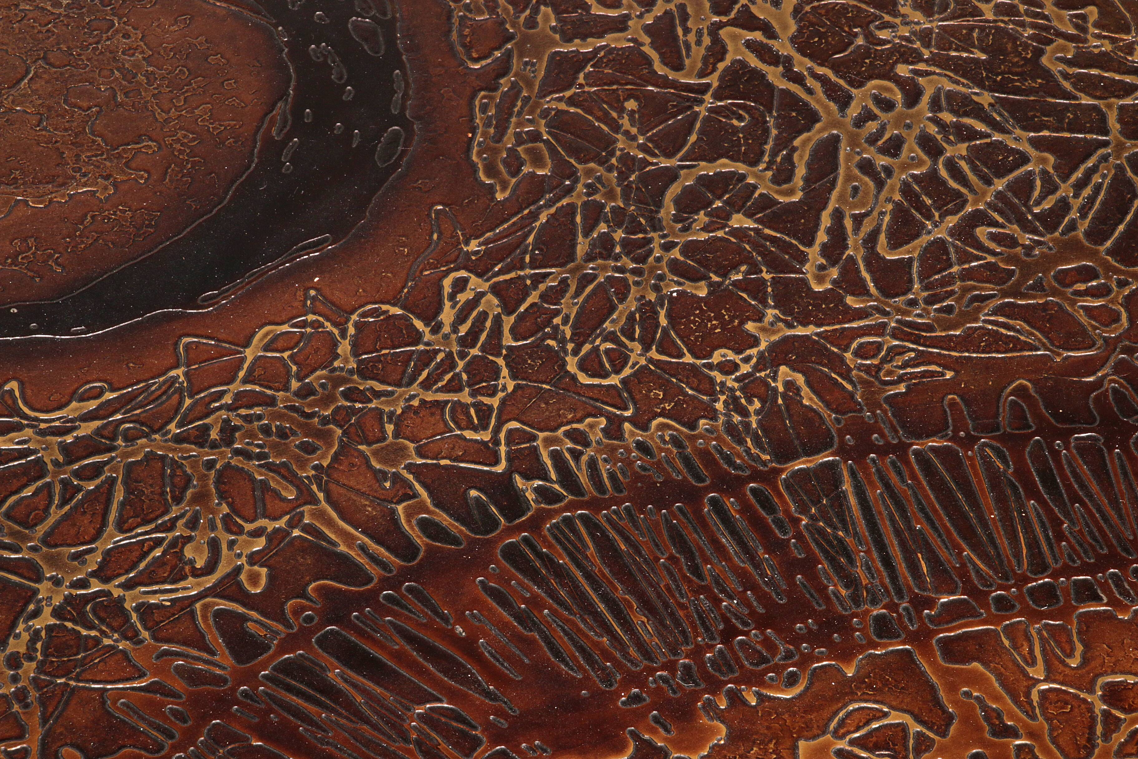 Brutalist Coffee Table with Copper Top and Wooden Base