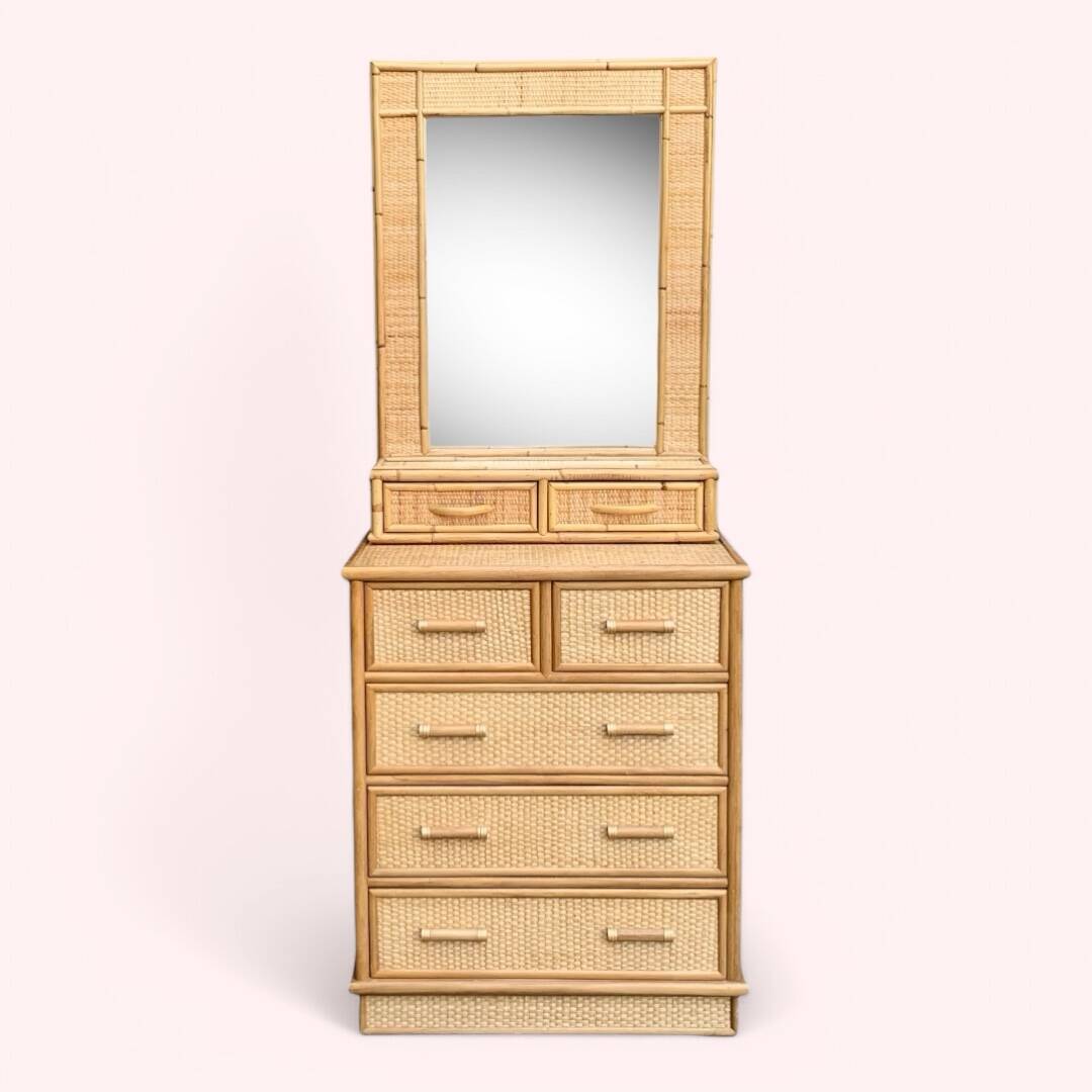 Rattan and woven wicker chest of drawers and mirror, 1970