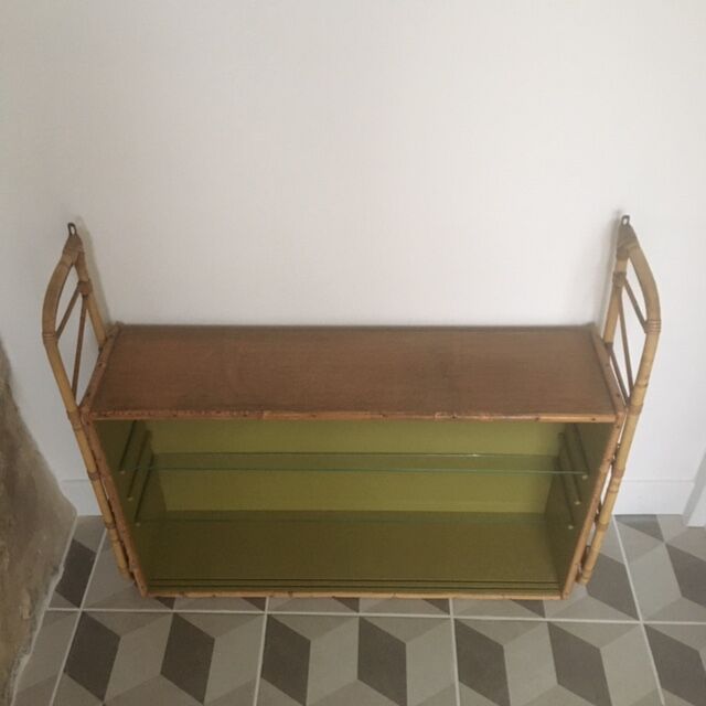 Wooden and rattan wall shelf