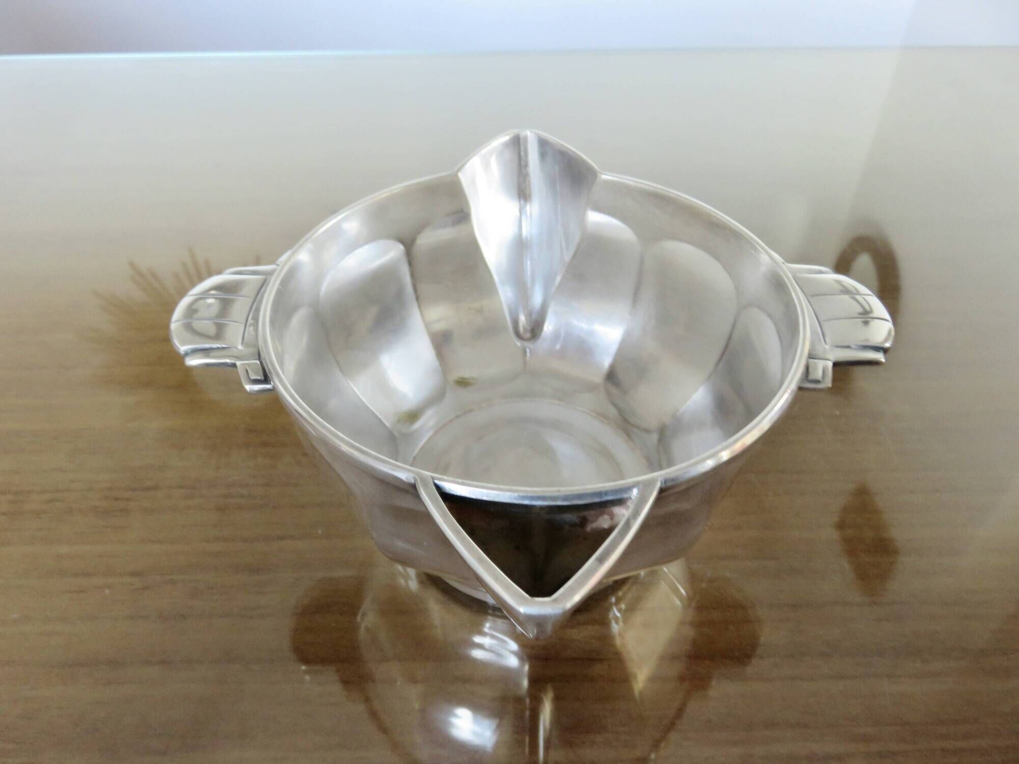 Art Deco silver-plated sauce boat with hallmark, 1920s-30s.
