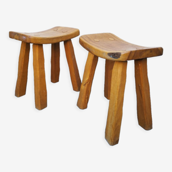 Pair of brutalist Japanese solid elm stools
