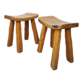 Pair of brutalist Japanese solid elm stools